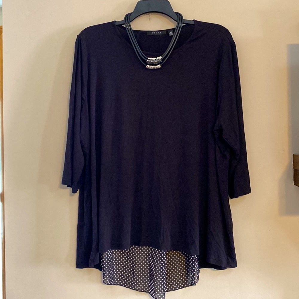 Cyrus Black Tunic with 3/4 length sleeves & polkadot inset. Super soft!  size 3X